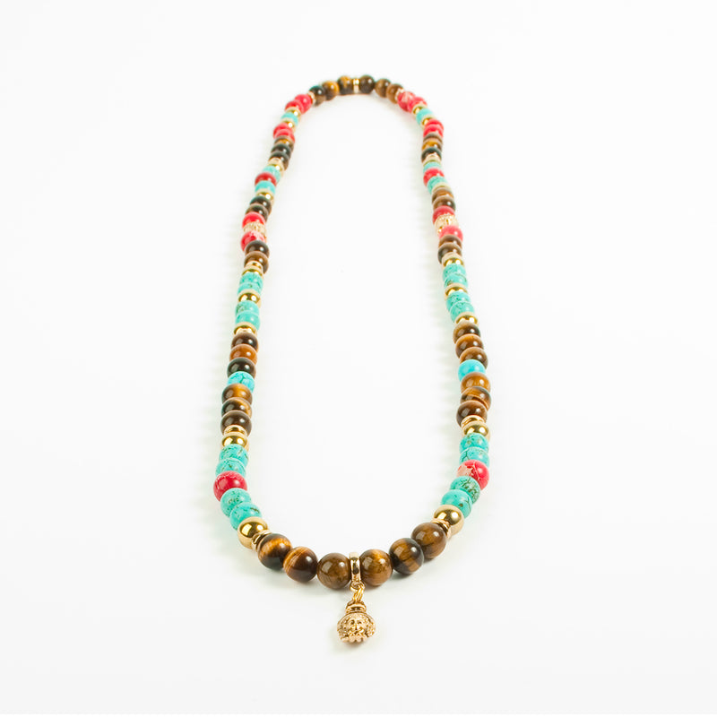 Buddha Palm Necklace - Tiger Eye - Gold Hematite - Turquoise - Orion Marine Sediment Jasper