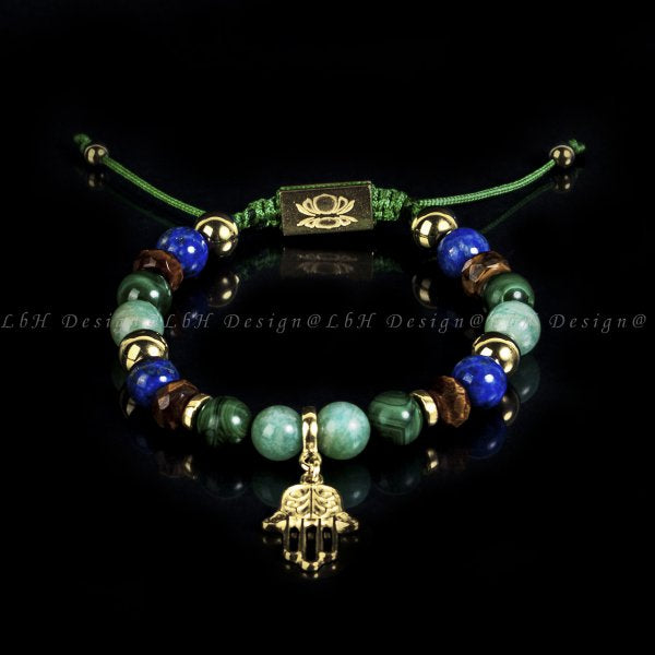 Amazonit - Malachit - Fazettált Tigrisszem - Lapis lazuli - Arany Hematit - Fatima keze medál 925 Arany