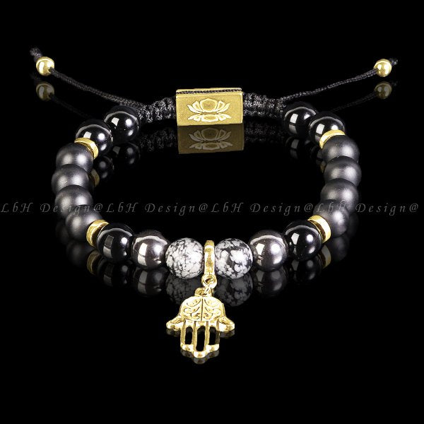 Matte Onyx - Snowflake Obsidian - Hematite - Onyx - Golden Hematite-Fatima's Hand Pendant Set 925 Gold