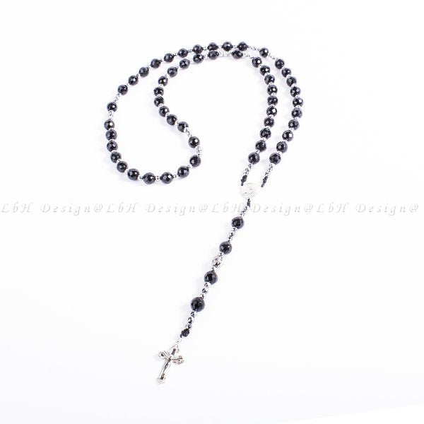 Privilege 925 Rosary - Faceted Onyx - Faceted Silver Hematite