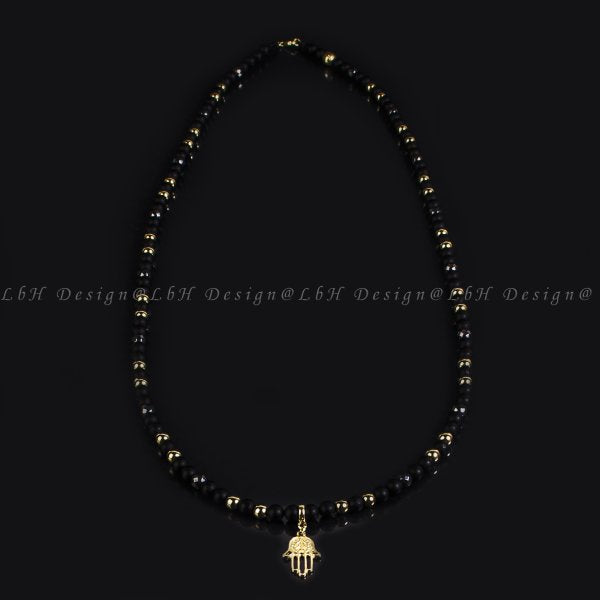 Privilege 925 Fatima's Hand Necklace - Matte Onyx - Faceted Hematite - Golden Hematite - Faceted Matte Onyx