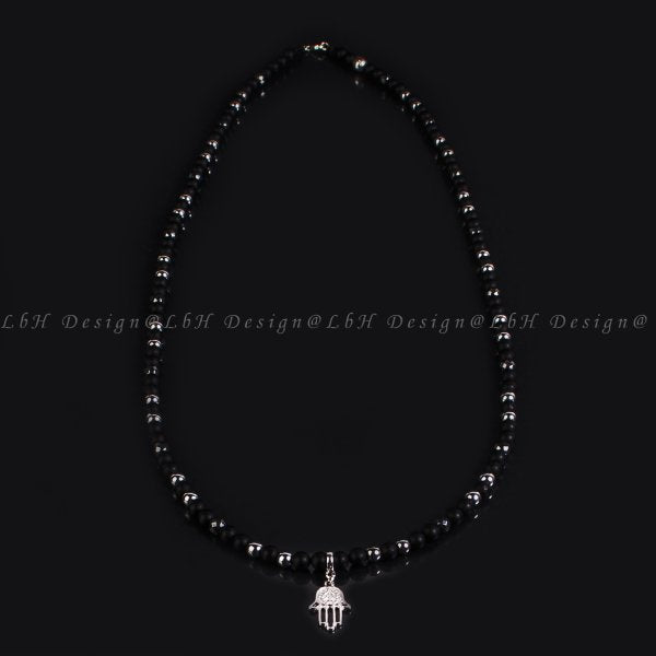 Privilege 925 Fatima's Hand Necklace - Matte Onyx - Faceted Hematite - Silver Hematite - Faceted Matte Onyx
