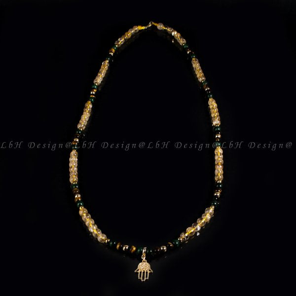 Privilege 925 Fatima's Hand Necklace - Malachite -Citrine - Tiger's Eye - Golden Hematite
