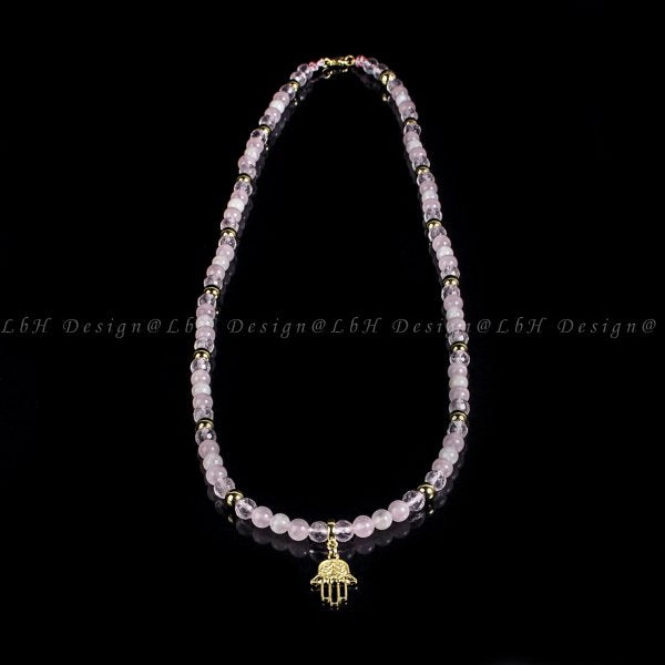 Privilege 925 Fatima's Hand Necklace - Faceted Rose Quartz - Moonstone - Golden Hematite - Rose Quartz