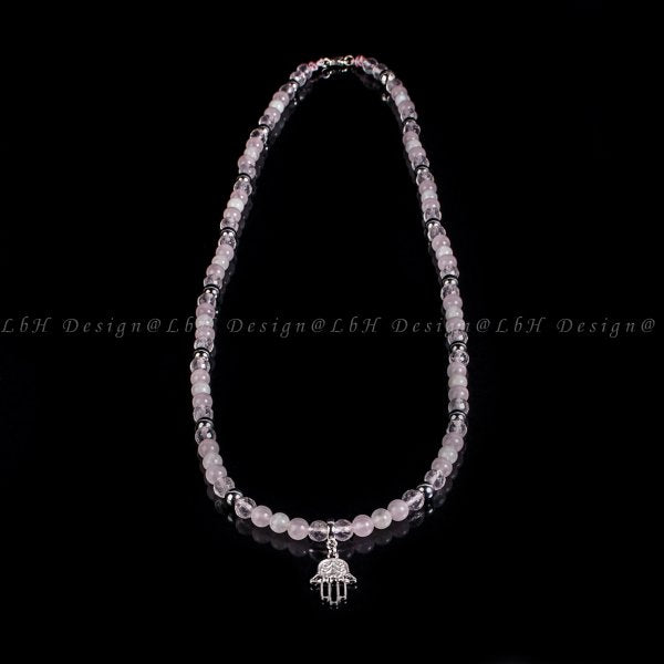 Privilege 925 Fatima's Hand Necklace - Faceted Rose Quartz - Moonstone - Silver Hematite - Rose Quartz