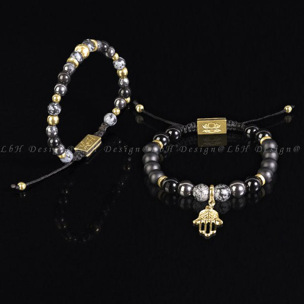 Matte Onyx - Snowflake Obsidian - Hematite - Onyx - Golden Hematite-Fatima's Hand Pendant Set 925 Gold