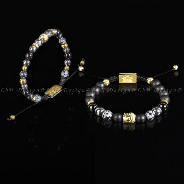 Matte Onyx - Snowflake Obsidian - Hematite - Onyx - Golden Hematite - Buddha Set 925 Gold